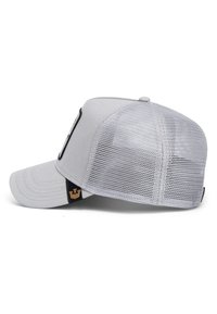Gray cap with a solid front panel, mesh back, curved brim, and a logo patch on the front. Adjustable strap at the back.