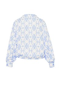 Blauw-witte blouse met patroon, ontspannen pasvorm, lange mouwen en een gebogen zoom. Gemaakt van lichte stof met een gladde textuur.