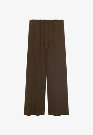 Breda byxor i mörkbrunt tyg med mjuk textur, med resårmidja och dragsko med träpärlor.