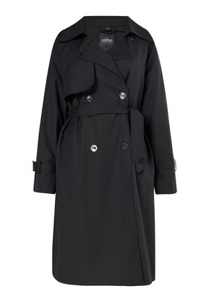 Schwarzer Trenchcoat aus glattem Stoff, mit einer doppelt breiten Front, großen Knöpfen und einem passenden Gürtel. Lange Ärmel mit Manschettenriemen.