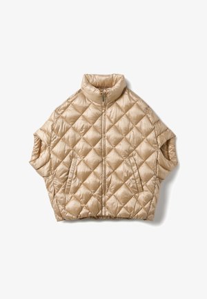 Giacca imbottita beige corta a maniche corte con collo alto, cerniera frontale e due tasche diagonali su sfondo bianco.