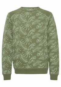 Sudadera verde con patrón de hojas de palma verde claro, cuello redondo, puños y dobladillo acanalados, corte casual, fabricada en material suave.
