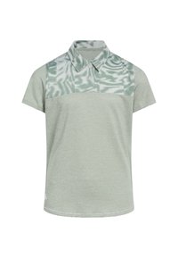 Korte mouwen polo shirt in lichtgroen met gestreept patroon; schoudergebied in effen kleur met een geometrisch ontwerp; knoopsluiting bij de kraag.