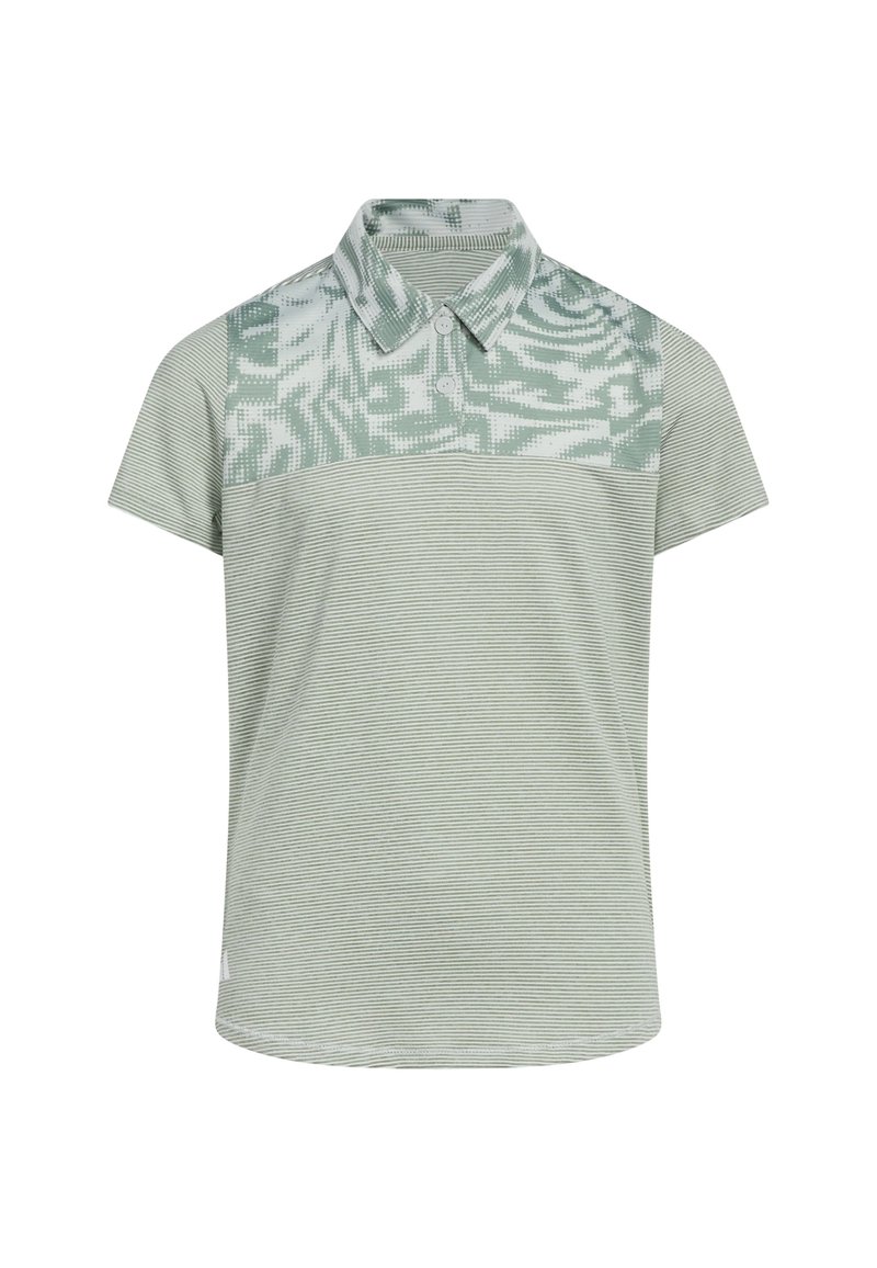 Korte mouwen polo shirt in lichtgroen met gestreept patroon; schoudergebied in effen kleur met een geometrisch ontwerp; knoopsluiting bij de kraag.