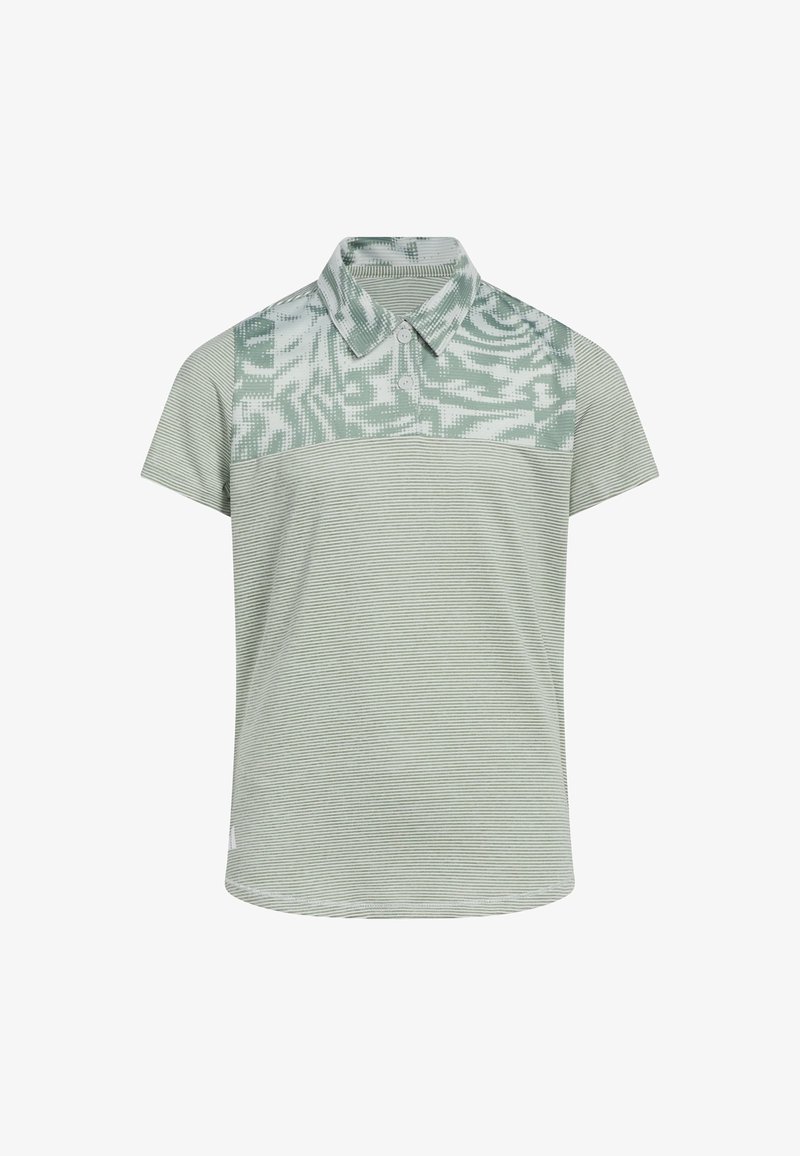 Korte mouwen polo shirt in lichtgroen met gestreept patroon; schoudergebied in effen kleur met een geometrisch ontwerp; knoopsluiting bij de kraag.