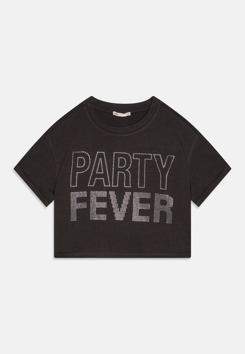 T-shirt preta cropped em algodão com mangas curtas, apresentando "PARTY FEVER" em strass na parte da frente.