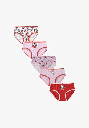 Cinq paires de sous-vêtements pour filles en rose, blanc et rouge, chacun présentant différents motifs Hello Kitty avec des bordures rouges ou blanches.