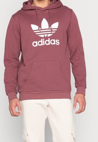 Felpa con cappuccio color marrone scuro caratterizzata dal logo Adidas bianco, cappuccio con cordino, tasca a marsupio frontale, polsini e orlo inferiore a coste. Materiale in misto cotone.