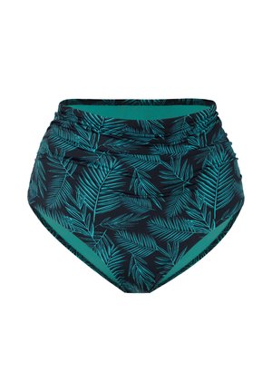 Slip bikini a vita alta di colore verde petrolio scuro con motivo di foglie di palma turchesi e dettagli arricciati in tessuto sulla vita.