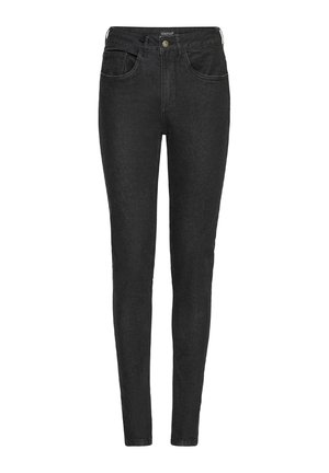 Sorte skinny jeans med front- og baklommer, knappestenging, beltehemper og merkeetikett på linningen.