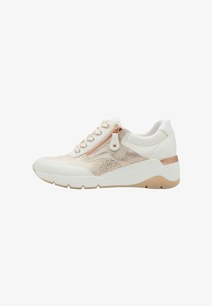 White and beige sneaker with textured side panels, laces, decorative rose gold zipper, and thick beige sole with a slight wedge heel.