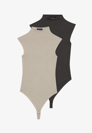 Two sleeveless bodysuits, one beige and one dark grey, featuring a high neck design, smooth texture, and snap closure at the bottom.