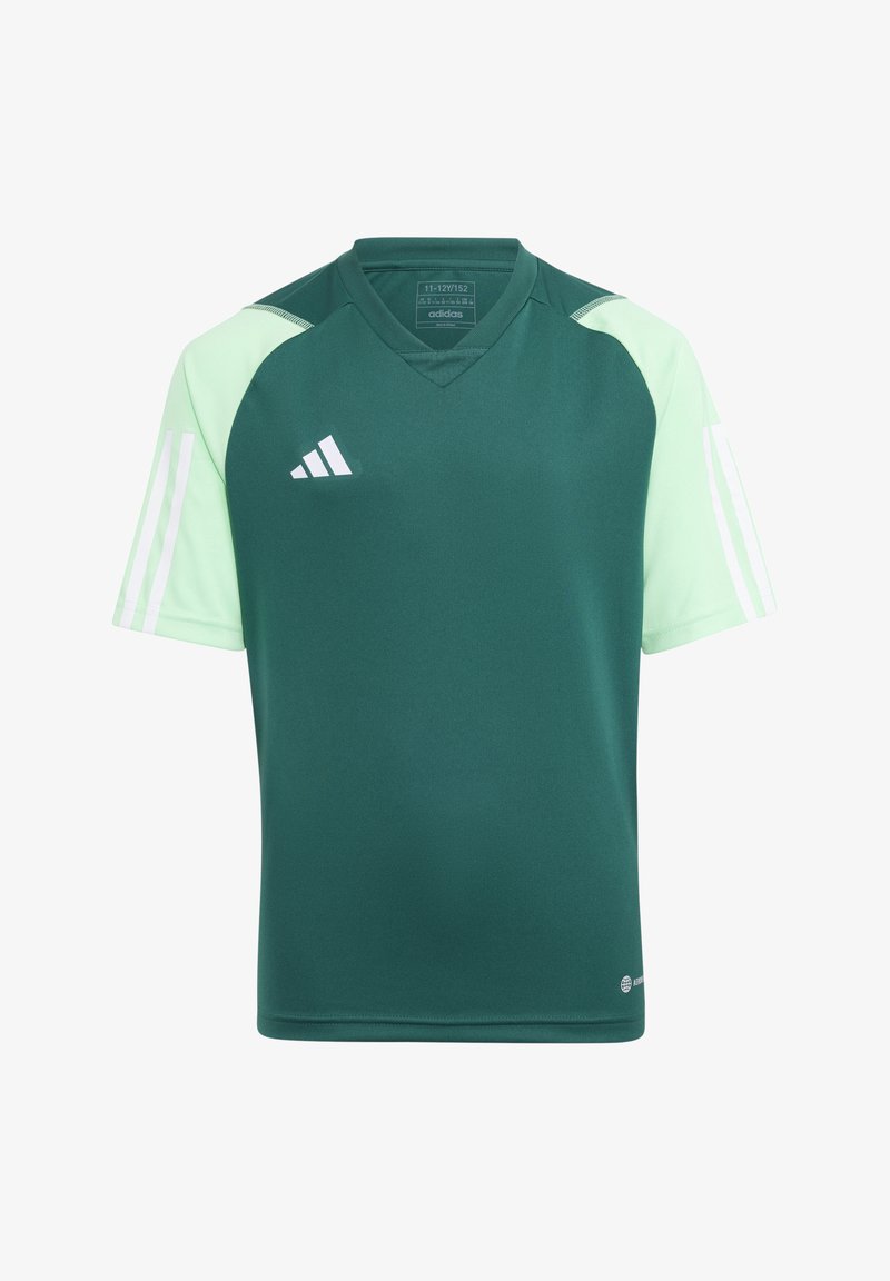Grünes und mintfarbenes Fußballtrikot mit kurzen Ärmeln und V-Ausschnitt. Verfügt über drei weiße Streifen an den Schultern und ein Adidas-Logo auf der Brust.