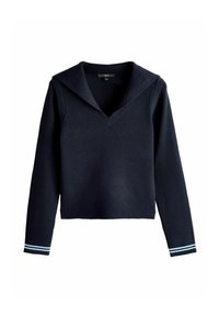 Granatowy sweter prążkowany z szerokim dekoltem w kształcie litery V i dużym kołnierzem. Długie rękawy mają białe i jasnoniebieskie paski na mankietach.