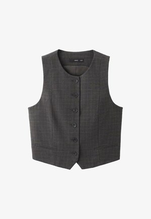 Mörkgrå väst med rutigt mönster, sex framknappar och två sidofickor. Slät tyg och ärmlös design.
