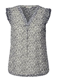 Chiffon-paita, jossa on tummansininen kukkakuosi, V-pääntie, ryppyiset hihansuut ja kaareva helma. Pehmeä, kevyt kangas.