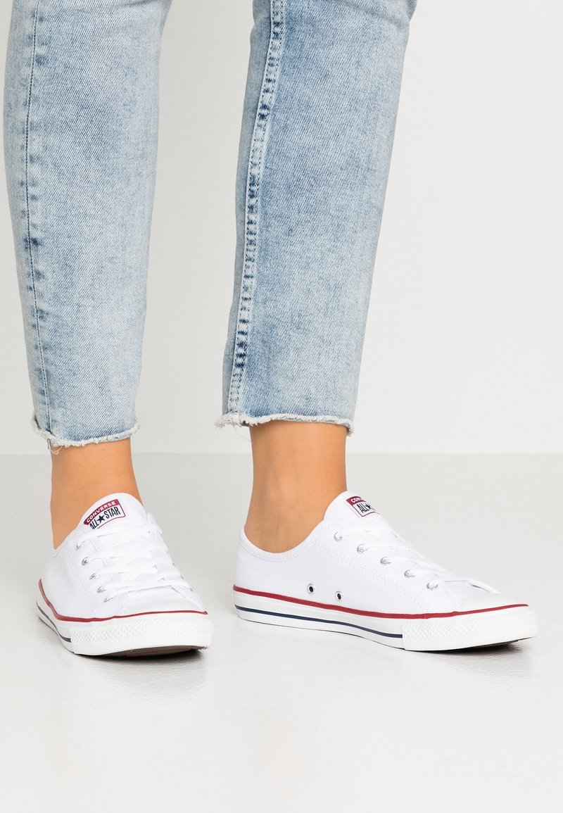 Osoba v světle modrých zkrácených džínsech a bílých nízkých teniskách Converse All Star stojí na bílé podlaze.