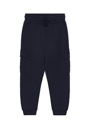 Marineblauwe cargojoggerbroek met elastische tailleband, trekkoord, zijklepzakken, zijzakken en omgeslagen enkels.