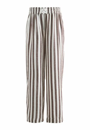 White pants with vertical brown stripes, elastic waistband, loose fit, ankle length, casual style.