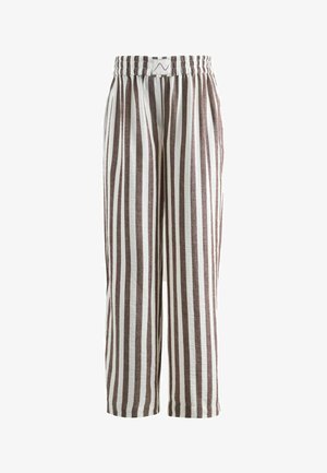 Weiße Hose mit vertikalen braunen Streifen, elastischem Bund, lockerem Schnitt, knöchellang, lässiger Stil.