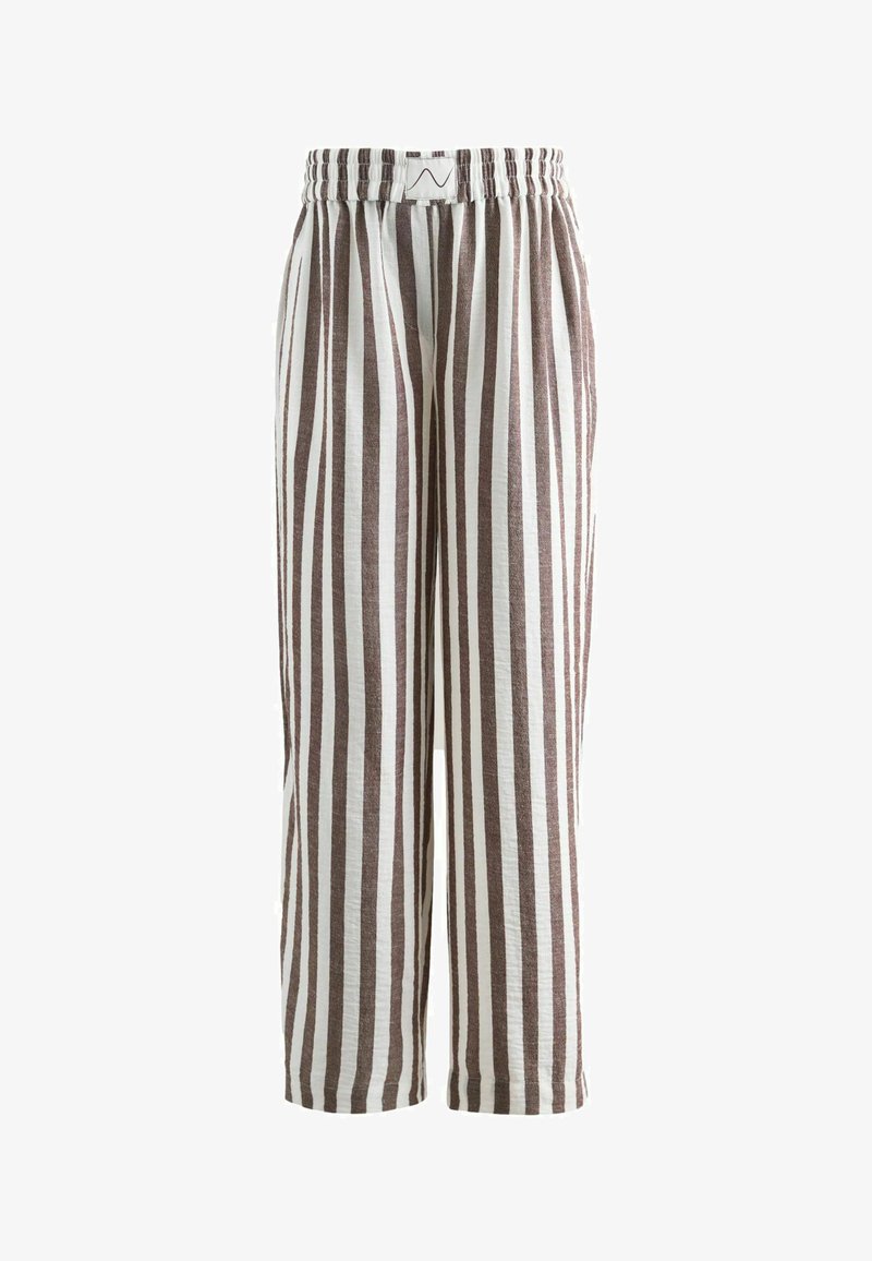 Pantalon blanc à rayures verticales marron, taille élastique, coupe ample, longueur cheville, style décontracté.