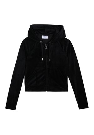 Schwarzer Kapuzenpullover mit durchgehendem Reißverschluss, Kängurutasche vorne, Kapuze mit Kordelzug und langen Ärmeln, gefertigt aus weichem Samtstoff.