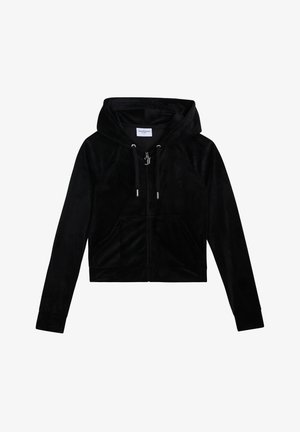 Schwarzer Kapuzenpullover mit durchgehendem Reißverschluss, Kängurutasche vorne, Kapuze mit Kordelzug und langen Ärmeln, gefertigt aus weichem Samtstoff.