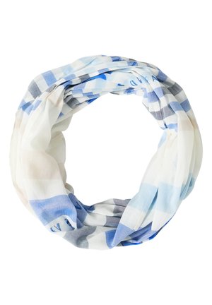 Sciarpa leggera a infinito con motivo a quadri blu, grigio e bianco, morbida e avvolta a forma circolare su sfondo bianco.