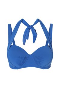 Mėlynas bikini viršus su rišamu dizainu, minkštomis formuotomis taurėmis ir plačiomis petnešomis. Priekyje turi rinkimo detales, suteikiančias papildomo tekstūros.