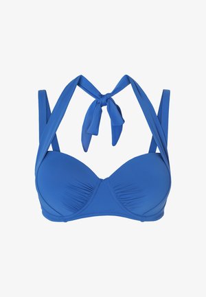 Modrý bikiny top s dizajnom na viazanie na chrbte, mäkkými tvarovanými pohárikmi a širokými ramienkami. Obsahuje zberový detail na prednej strane pre pridanie textúry.