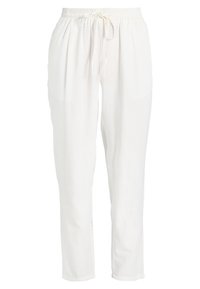 Pantalons légers et blancs avec une coupe décontractée, taille élastique et détail de cordon de serrage. Texture lisse sans motifs ni accents visibles.