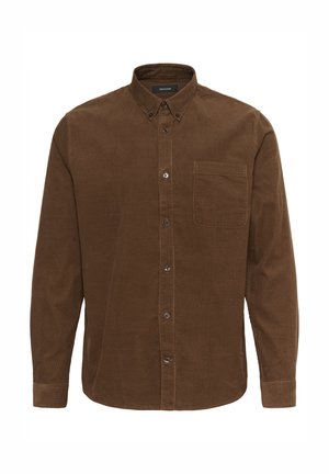 Brown long-sleeve corduroy shirt with button-down collar, front chest pocket, and buttoned cuffs.