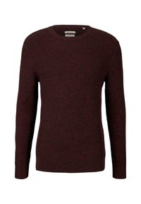 Bordeauxfarbener Pullover aus Baumwolle mit strukturiertem Fischgrätenmuster, rundem Halsausschnitt und langen Ärmeln. Gerippte Bündchen und Saum.