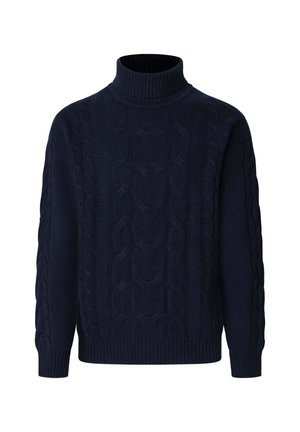 Navy blue cable knit turtleneck sweater with long sleeves and ribbed cuffs and hem.
