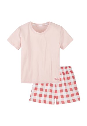 Light pink short-sleeve T-shirt paired with red and white checkered elastic waist shorts pajama set.