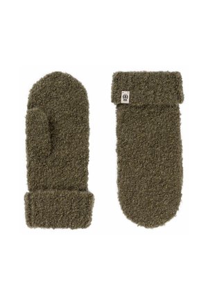 Green fuzzy mittens with a thick texture and foldable cuffs. Features a small label on one mitten. Cozy, warm design.