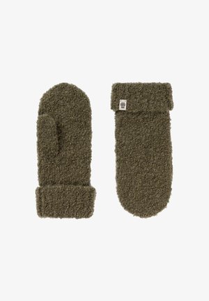 Green fuzzy mittens with a thick texture and foldable cuffs. Features a small label on one mitten. Cozy, warm design.