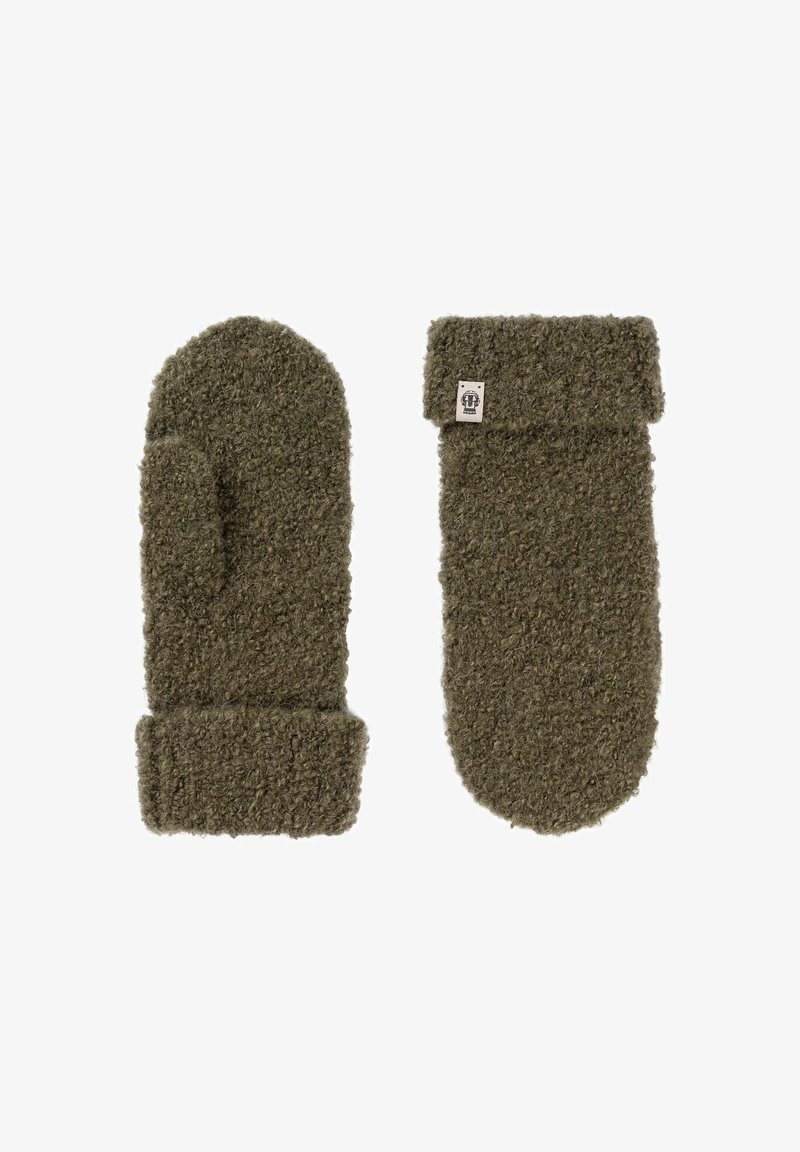 Green fuzzy mittens with a thick texture and foldable cuffs. Features a small label on one mitten. Cozy, warm design.
