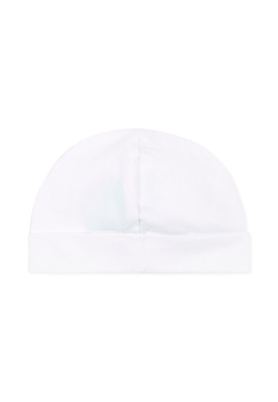 Gorro para bebé de algodón blanco suave con borde doblado, textura lisa y diseño sencillo para recién nacidos.