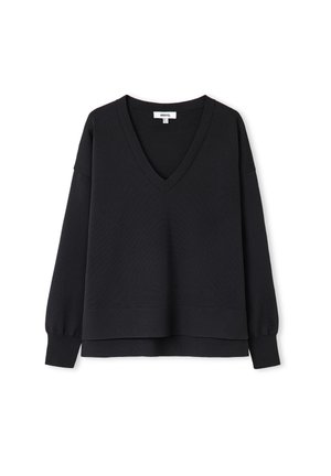 Czarna bluza z dekoltem w serek, obniżonymi ramionami i długimi rękawami. Teksturowany materiał o luźnym kroju oraz ściągacze na mankietach i u dołu.