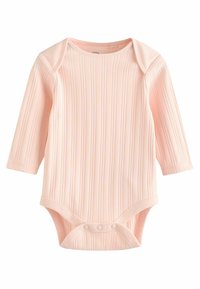 Ljusrosa långärmad bodysuit med vertikal ribbad textur, rund halsringning och tryckknappar i botten för enkel påklädning.