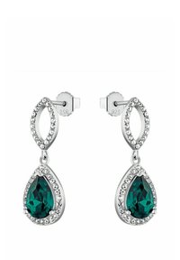 Örhängen i sterlingsilver med en tårformad smaragdgrön sten omgiven av små klara kristaller, med en oval länkdesign.