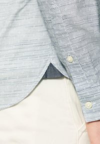 Lichtblauw gestreept shirt met een knoopmanchet, met een zachte textuur en een gebogen zoom over crèmekleurige broeken.