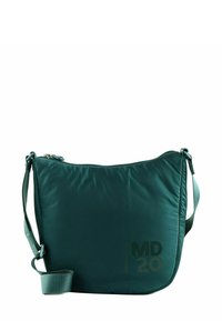 Sac bandoulière en nylon vert à texture lisse, fermeture zippée, sangle réglable, avec l'inscription "MD 20" imprimée en vert foncé sur le devant.