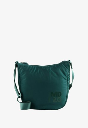 Sac bandoulière en nylon vert à texture lisse, fermeture zippée, sangle réglable, avec l'inscription "MD 20" imprimée en vert foncé sur le devant.
