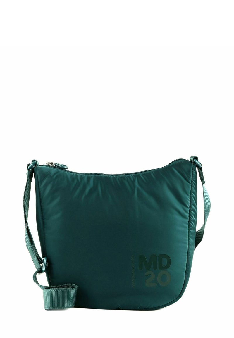 Sac bandoulière en nylon vert à texture lisse, fermeture zippée, sangle réglable, avec l'inscription "MD 20" imprimée en vert foncé sur le devant.