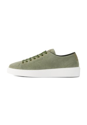 Green suede sneaker with white rubber sole, featuring round toe, tonal laces, and embossed logo on the side. Simple and minimalistic design.