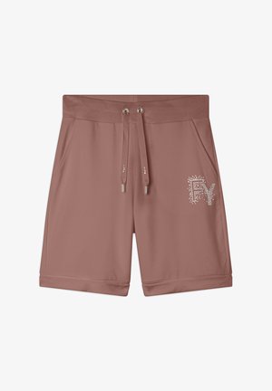 Pantalones cortos de color rosa empolvado con una textura suave, cinturilla elástica, cordón y bolsillos laterales. Presenta un brillante logotipo "FY" en piedras preciosas.