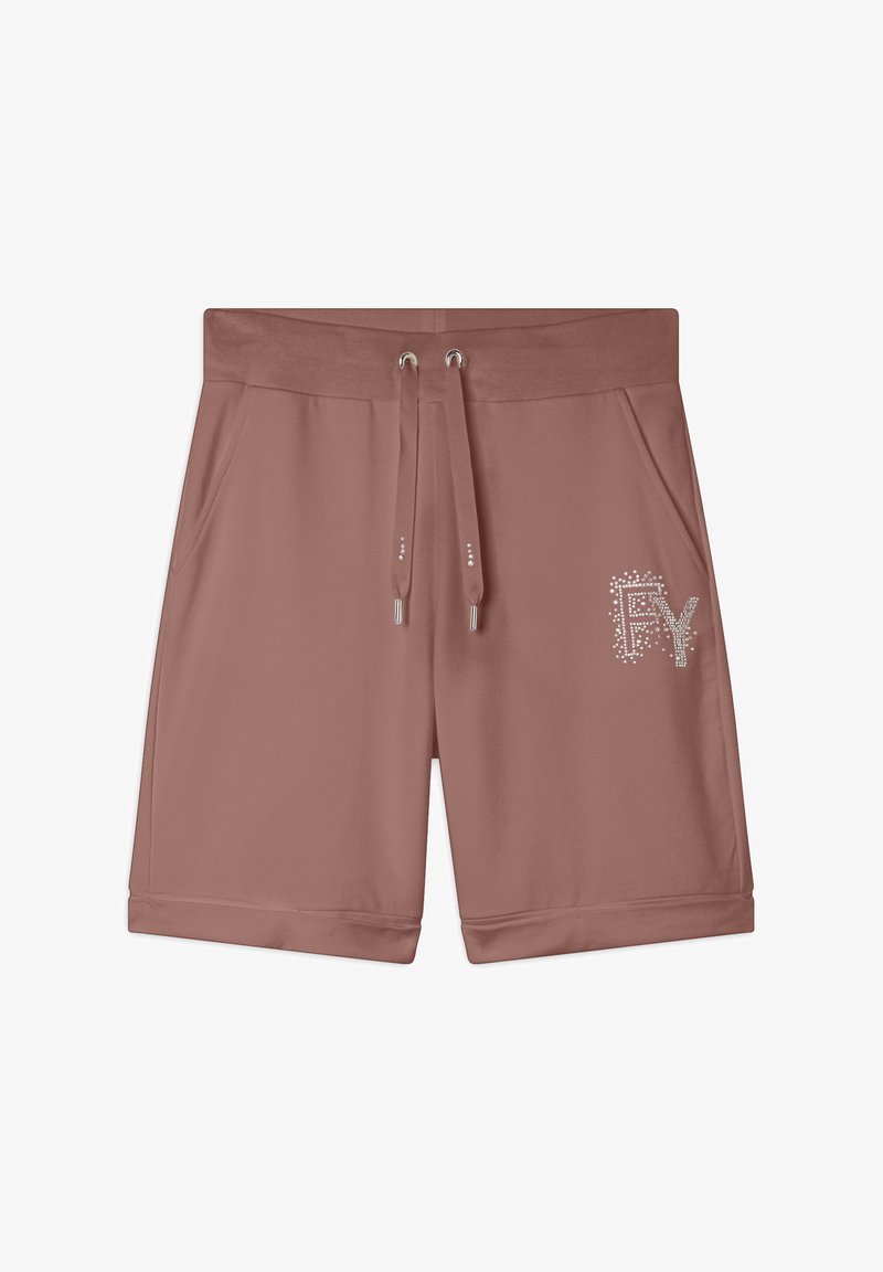 Pantalones cortos de color rosa empolvado con una textura suave, cinturilla elástica, cordón y bolsillos laterales. Presenta un brillante logotipo "FY" en piedras preciosas.