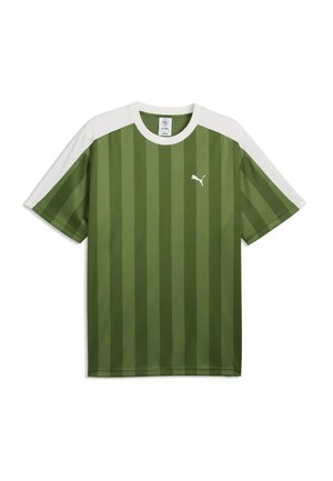 Grøn sportst-shirt med korte ærmer med vertikale striber, hvide paneler på skuldrene, rund hals og lille hvid Puma-logo på brystet.